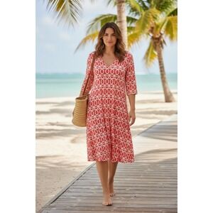 Lulu-B Shift Dress Women Small Coral White Geometric Link V-Neck Elbow Sleeve S
